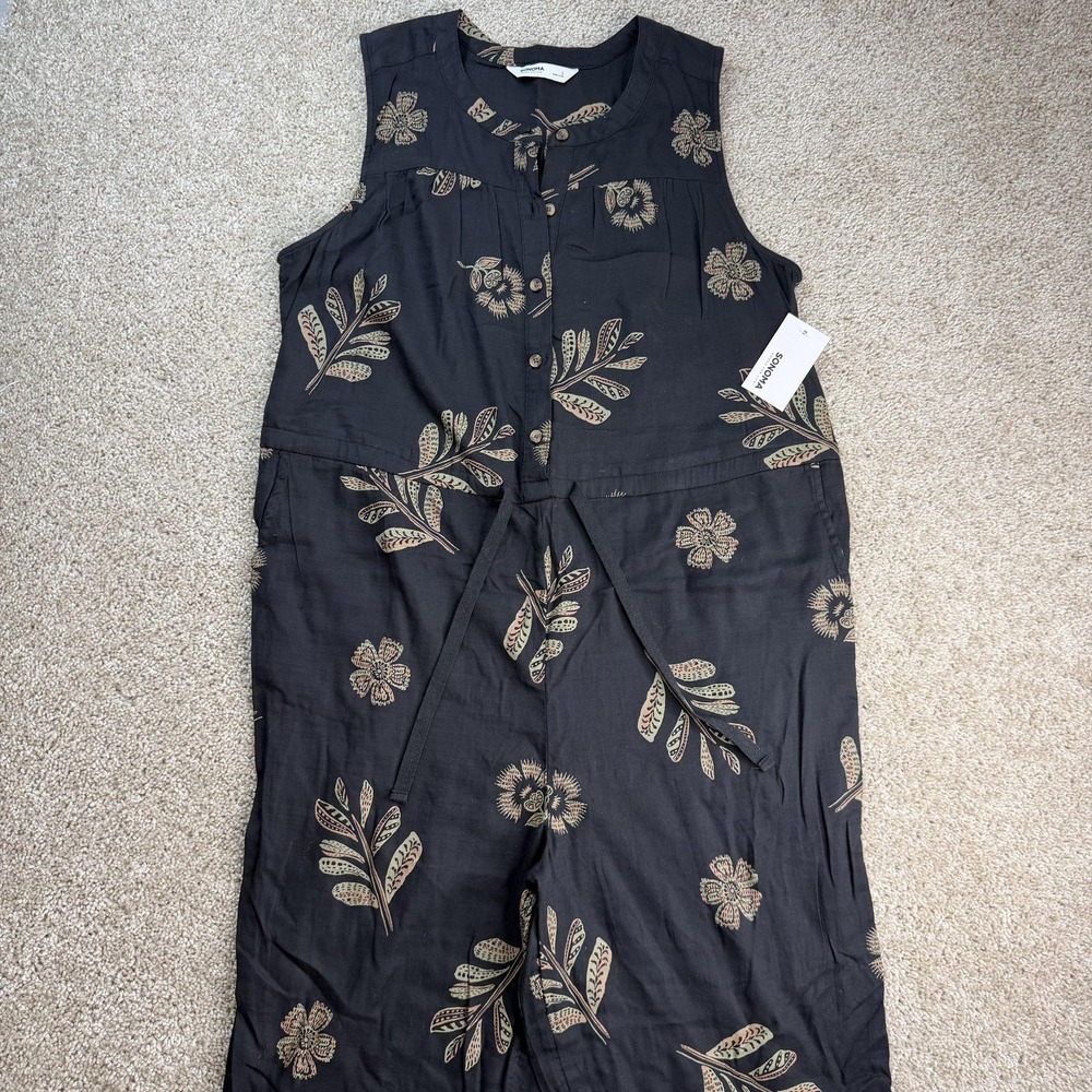 Sonoma Goods For Life Jumpsuit Womens Lg Black Floral Sleeveless Belted Henley
